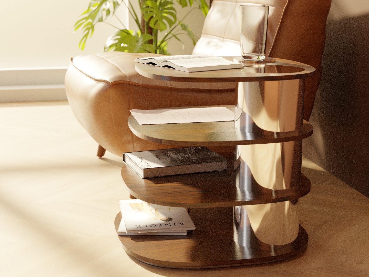 Stillwater side table inspired by the natural contours of the Great Lakes, featuring gently tapered walnut shelves supported by a single chrome-plated steel pillar. Includes discreet magnetic coasters beneath the top platform for clutter-free convenience, combining organic elegance with functional innovation. Side Table by Tovaform.